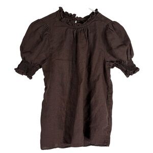 J. Crew Womens XS Linen Smocked Puff Sleeve Chic Brown Ruffled Blouse Top Shirt